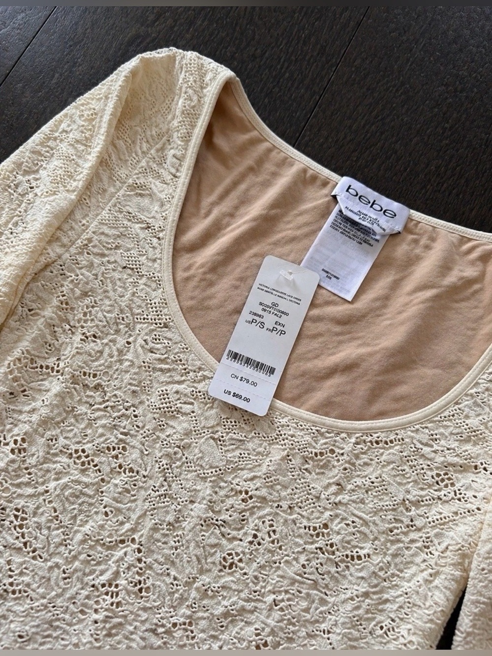 NWT Bebe Victoria Lace Bodycon Dress Ivory Long Sleeve Mini Small